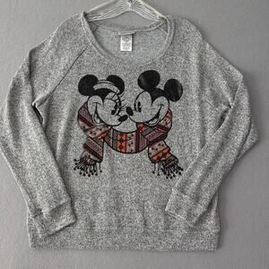 Disney Parks Mickey and Minnie Holiday Scarf Gray Sweater Womens Size XL